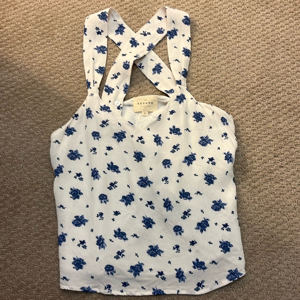 Sezane hermione top in blue/white floral